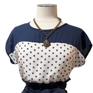 A’GACI Polka Dot Blouse Drop Shoulder Cap Sleeve Navy Blue White Sz S